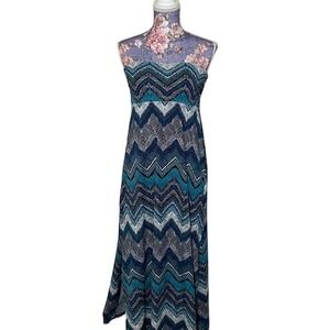 Vanity Womens Small Strapless Maxi Dress Teal Navy White Chevron Smocked Boho